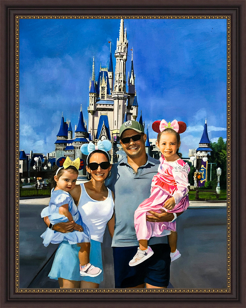 family portrait of parents with two daughters at a Disney castle